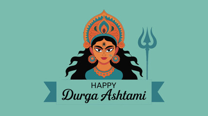 goddess durga silhouette for durga ashtami with trident, crown, flowing hair and teal background celebrating hindu festival and blessings