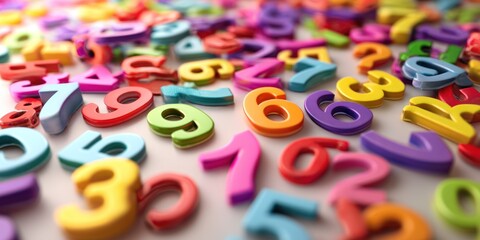 A vibrant, close-up shot displays a multitude of colorful plastic number tiles scattered across a white surface. The numbers range in size and color ?