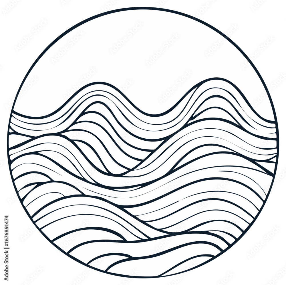 Poster abstract minimalist circular wave pattern in dark blue ink on white background