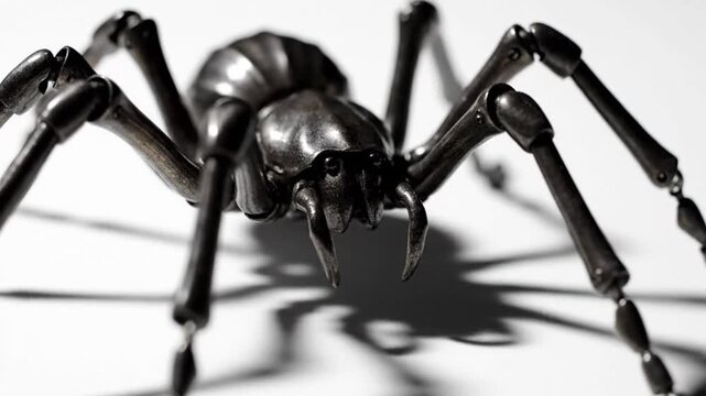 Close-up of a detailed metallic robot spider with articulated legs and a dark finish on a white surface