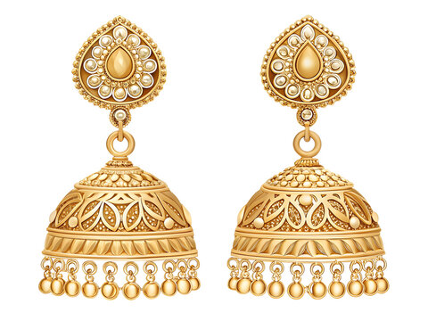 Ornate golden jhumka earrings with intricate detailing isolated on a transparent background