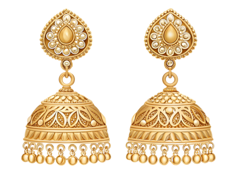 Ornate golden jhumka earrings with intricate detailing isolated on a transparent background
