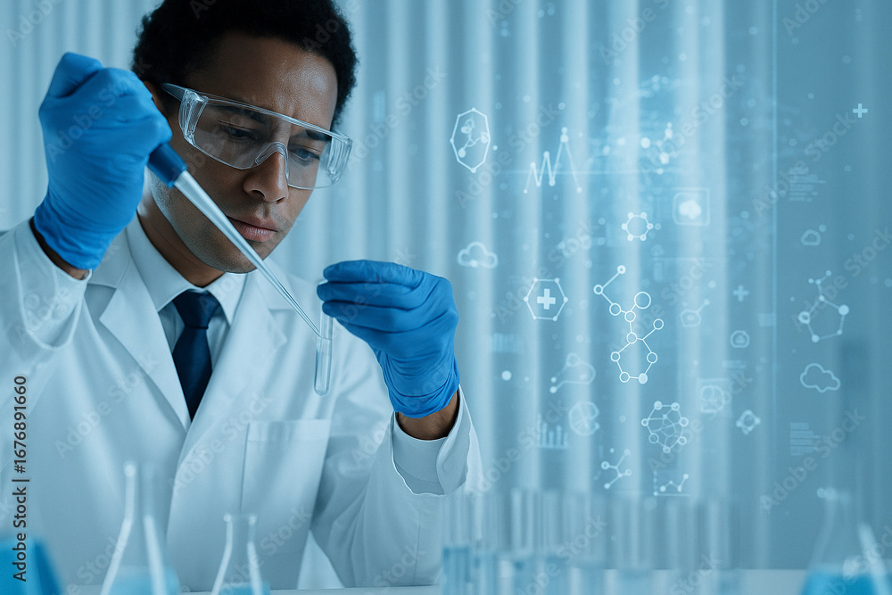 Aufkleber ai generated conceptual image of scientist in white coat using pipette with blue gloves in modern la
