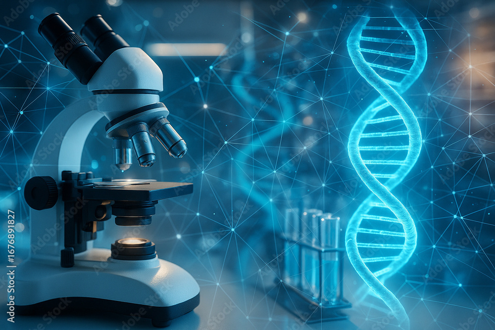 Poster ai generated conceptual image of microscope with glowing dna double helix and digital data network o