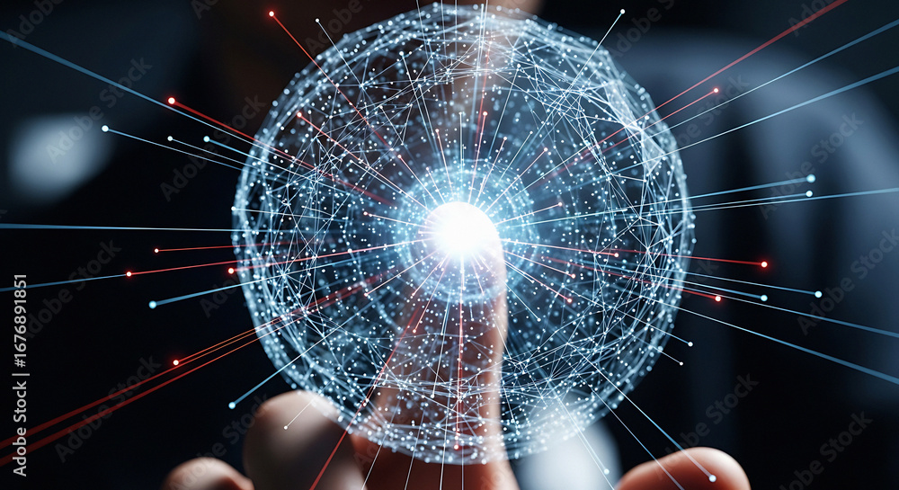 Poster Finger touching a glowing network sphere with connecting lines and nodes in a dark background