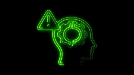 Green Neon Outline of Human Head with Gear and Warning Symbol profile