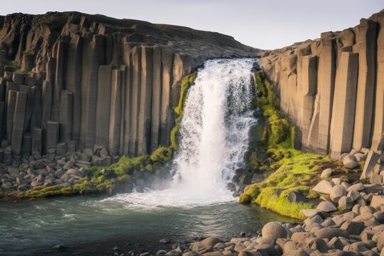 Majestic waterfall cascading over basalt columns with vibrant moss under soft natural light in a serene rocky landscape setting. Ai generative