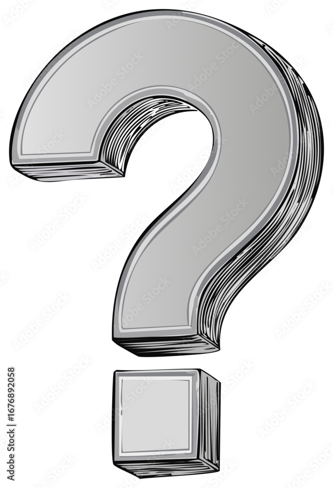 Poster large metallic question mark symbol with a hatched texture and 3d effect symbolizing doubt and uncer