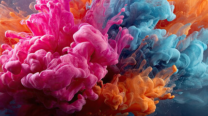 Obraz premium Puffs of pink smoke on blue background concept. Vibrant colors blend beautifully in a stunning fluid art design.