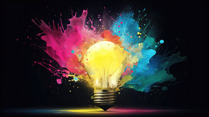 Impactful lightbulb eureka moment explosion of paint energy concept. Vibrant light bulb surrounded by colorful paint splashes.