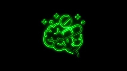 Neon Green Outline Icon of a Brain with Pills and a Prohibition Sign on Black Background mind medicine