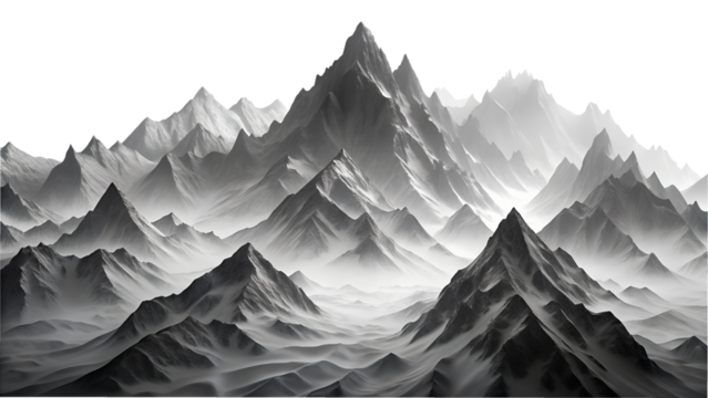 Monochromatic mountain range with jagged peaks and misty valleys, creating a dramatic and serene landscape with a sense of scale and natural beauty isolated on transparent background