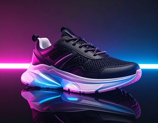 A single modern sport shoe stands on a reflective black surface, dramatically backlit by vibrant pink and blue neon lights creating a futuristic aesthetic