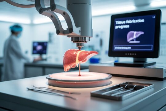 Advanced 3D bioprinter creating a human liver in a futuristic lab environment with digital interface and surgical tools on table surface. Ai generative - Powered by Adobe