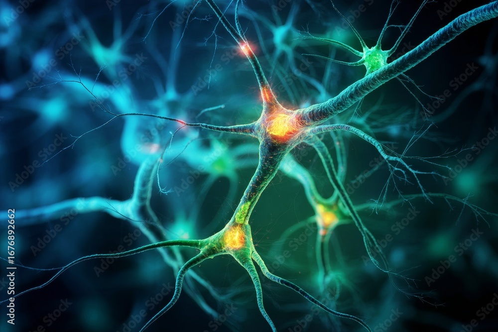 Poster glowing neural network cells with electric impulses on abstract blue green background in high detail