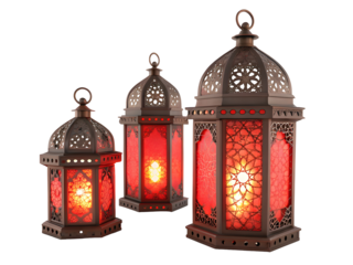 Ornate islamic lanterns glowing red isolated on a transparent background light