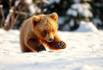 Fototapeta premium A fluffy brown bear cub playfully paws at the snow in a bright winter scene, landscape, bear cub