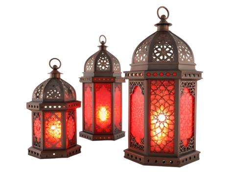 Ornate islamic lanterns glowing red isolated on a transparent background light - Powered by Adobe