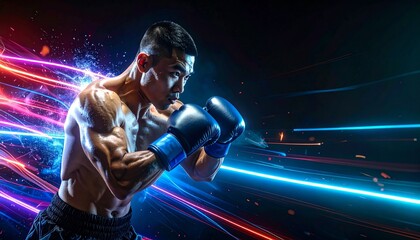 Athlete in a boxing stance with glowing neon motion trails, powerful fashion sport look, dramatic lighting, dark background with copy space