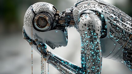 the image features a robotic figure bent over, seemingly in distress or contemplation. its head is turned downward, supported by one arm