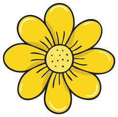 Bright Yellow Flower Illustration with Black Outline and Center Details
