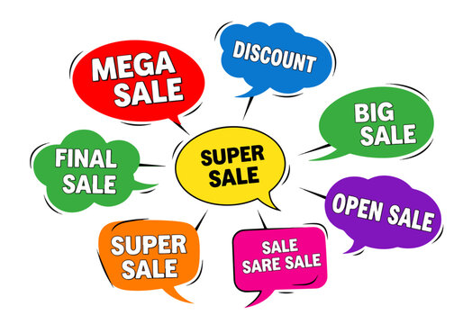 Set of colorful sale labels and business stickers featuring vector web icons for discount promotions including speech bubble tags and price banner design elements