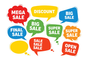 Vector set of comic speech bubbles with sale phrases. Discount card collection of Buy Now, Special Offer,