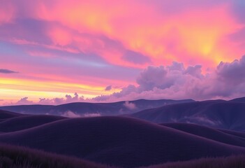 Dreamy purple-pink hills bathed in a rainbow sunset, soft cloudscape ,  sky,  digital art