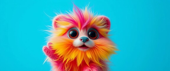 Fototapeta premium Vibrant fluffy creature with big eyes, playful pose against bright blue , texture, cute