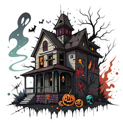Fototapeta premium Spooky haunted house with ghost and pumpkins isolated on transparent background