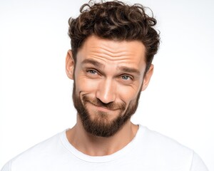 Obraz premium A man with curly hair and a beard, displaying a playful smirk, on a white background.