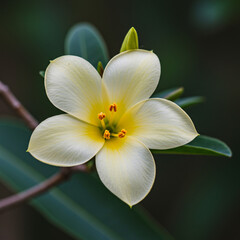 Fototapeta premium A delicate white and yellow orchid blossom with a hint of pink blooms on a branch in the spring garden