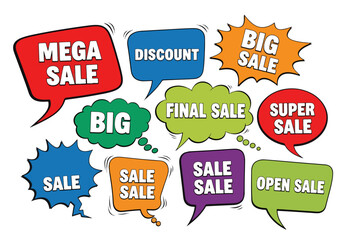 Lettering omg, sale, like, best offer, price. Set comics book balloon. Bubble icon speech phrase. Cartoon exclusive font label tag expression. Comic text sound effects. Sounds vector illustration.
