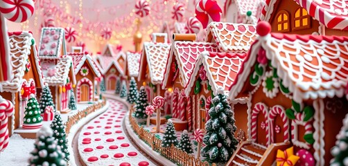 Obraz premium Gingerbread houses line chocolate streets in a whimsical candy city, background, magical