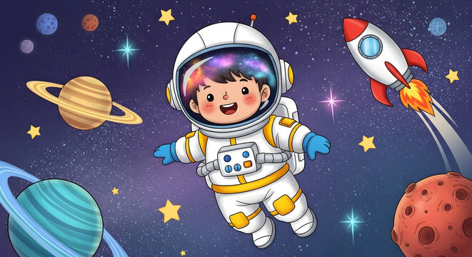 Joyful Child Astronaut Floating in Space with Rocket and Planets