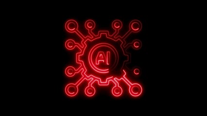 Red Neon AI Gear Symbol with Network Connections on Black Background artificial intelligence technology