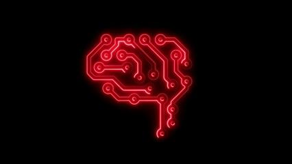 Red Neon Circuit Board Brain Outline on Black Background human brain technology