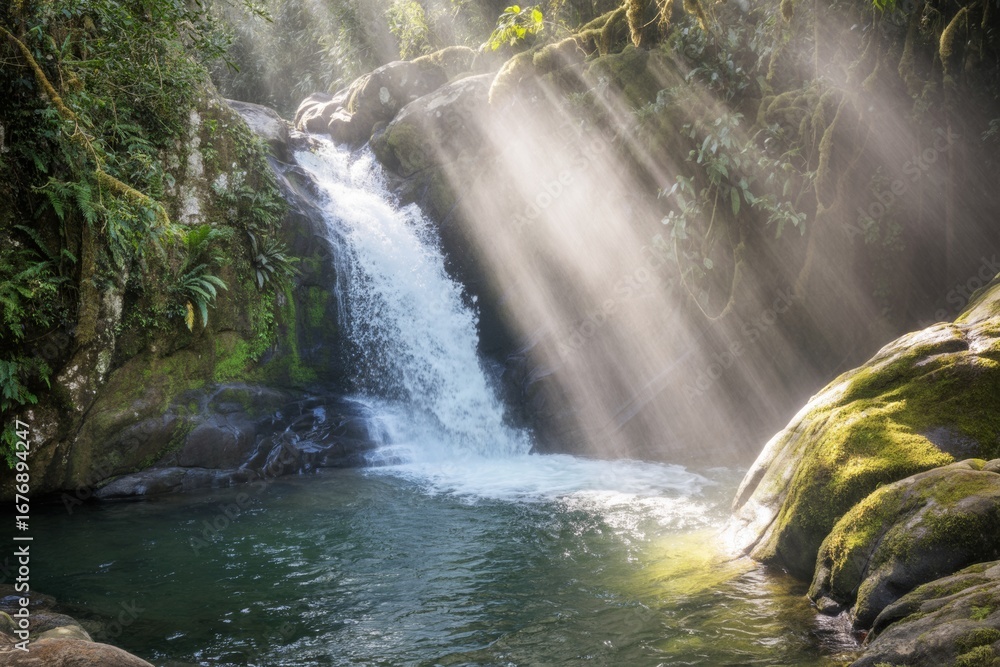 Poster sunlight beams through lush forest canopy onto serene jungle waterfall and pool, creating a tranquil