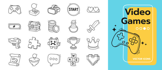 Hand Drawn Video Game Line Icons 20 Doodle Style Gaming Vector Set