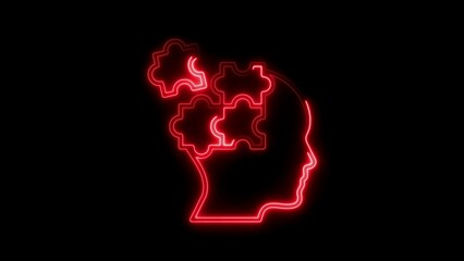 Red Neon Outline Human Head Profile with Puzzle Pieces Brain on Black Background silhouette