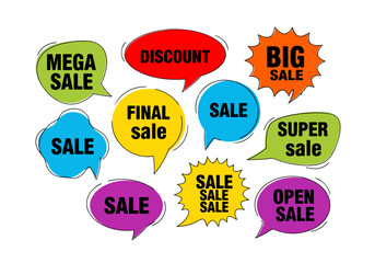 Colorful Sale Badges: Mega Discount, Open Sale, Final Sale, and Super Sale Icons