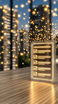 ESG Report Standard concept. Illuminated checklist document showcasing ESG metrics in a contemporary urban environment at night
