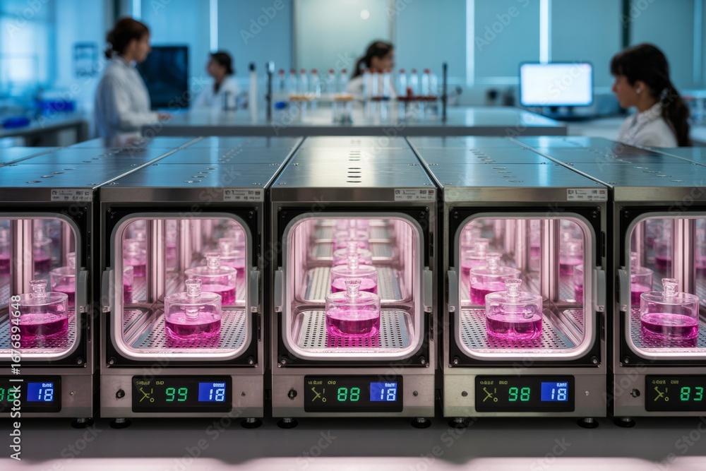 Poster laboratory incubators with pink solution containers in focus, researchers working in background with