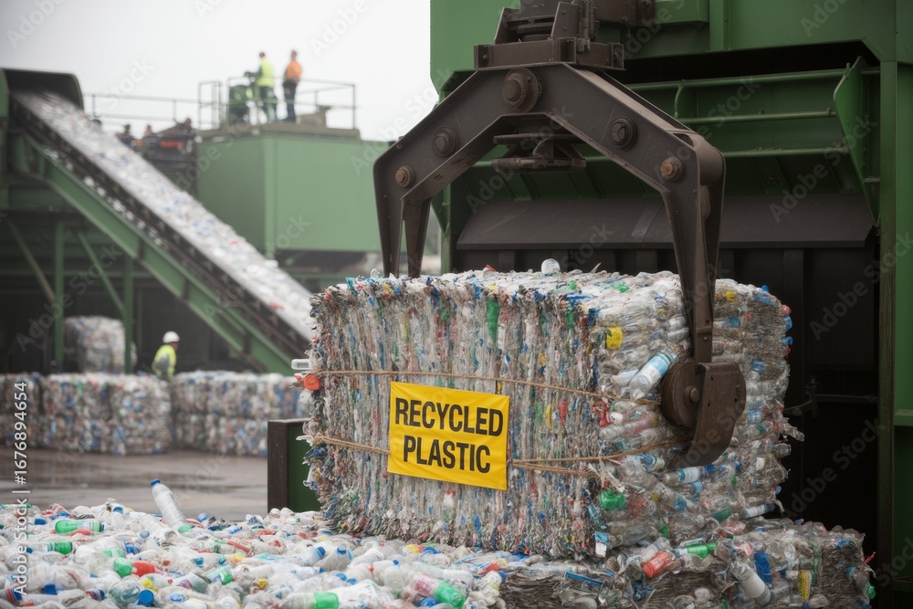 Poster Compressed recycled plastic bottles being handled by industrial claw in recycling facility with workers and conveyor in background during daylight.. Ai generative