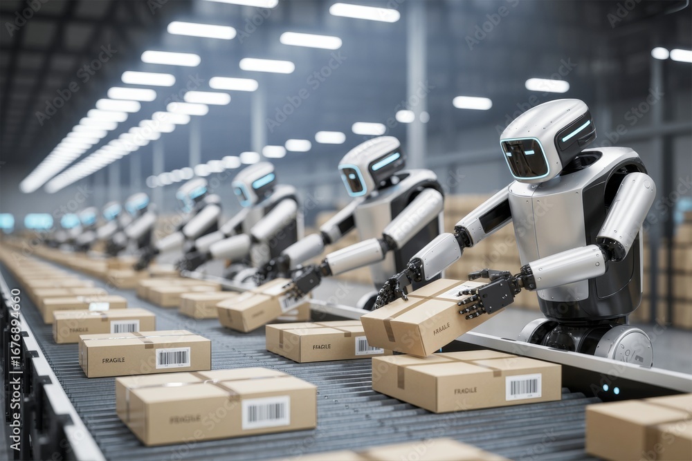 Poster futuristic robots working on automated conveyor line sorting packages in warehouse under bright ligh