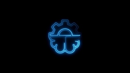 Blue Neon Brain and Gear Combination Symbol on Black Background human brain cogwheel