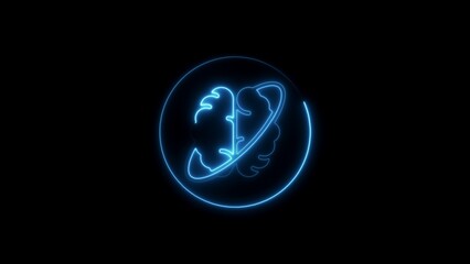 Blue Neon Brain Icon Encased In A Circle With Orbiting Ring On Black Background mind thinking