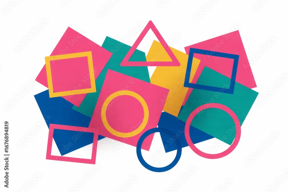 Poster abstract colorful geometric shapes overlapping on light background with playful style creating dynam