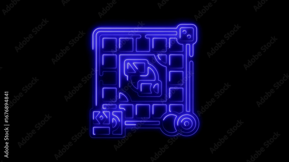 Poster blue neon grid with icons and circular elements on black background technology