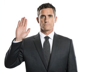 A businessman in a suit raising his right hand, symbolizing honesty or taking an oath, with a white isolated background.